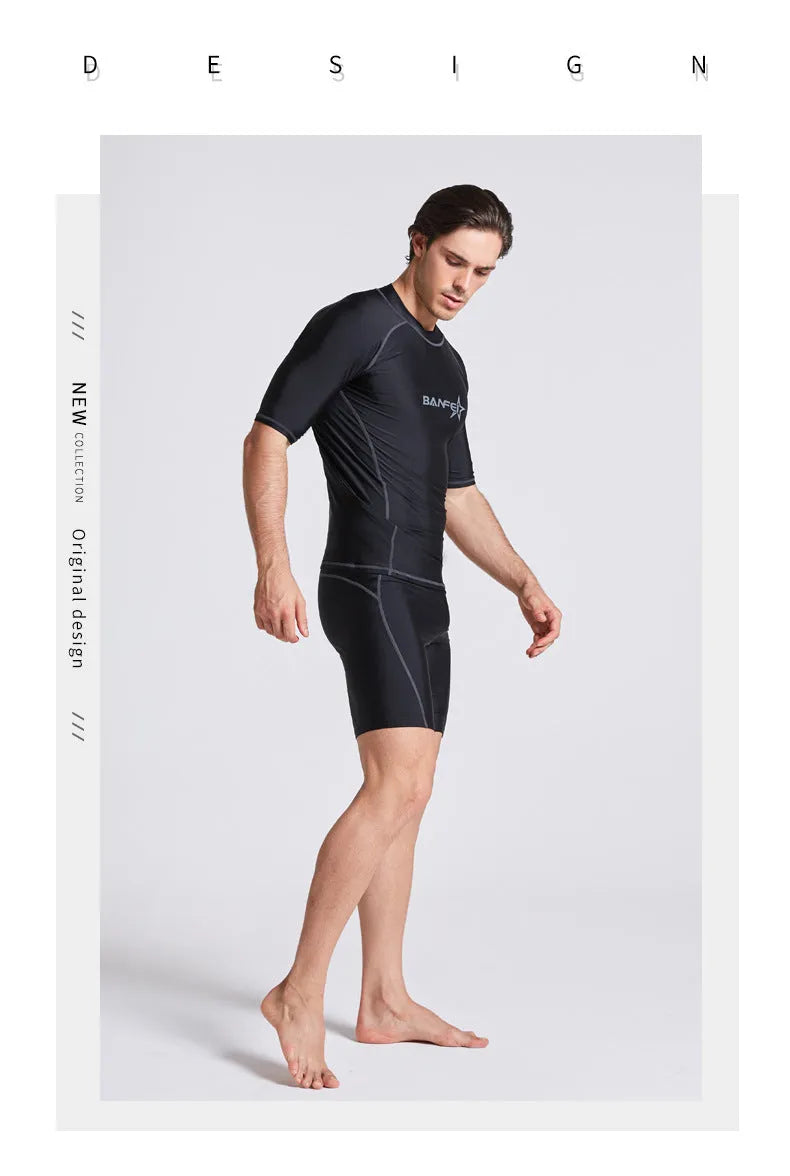 Men's quick-drying half sleeve swim top and pant set in nylon fabric on a white background.