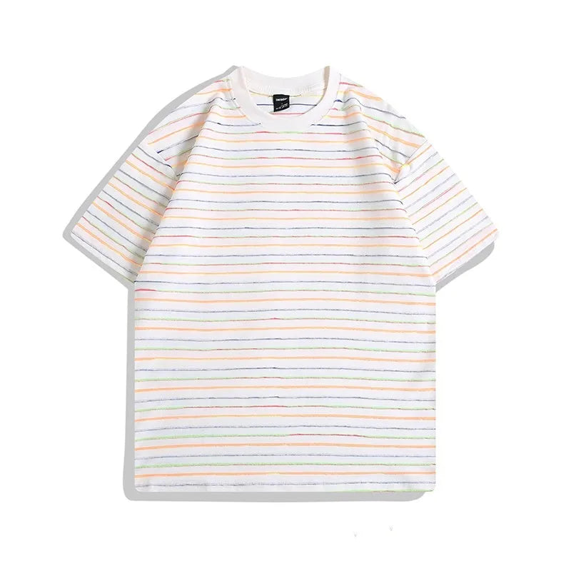 Loose fit couple T-shirt in apricot, black, yellow, gray, or pink with short sleeves and round neck.