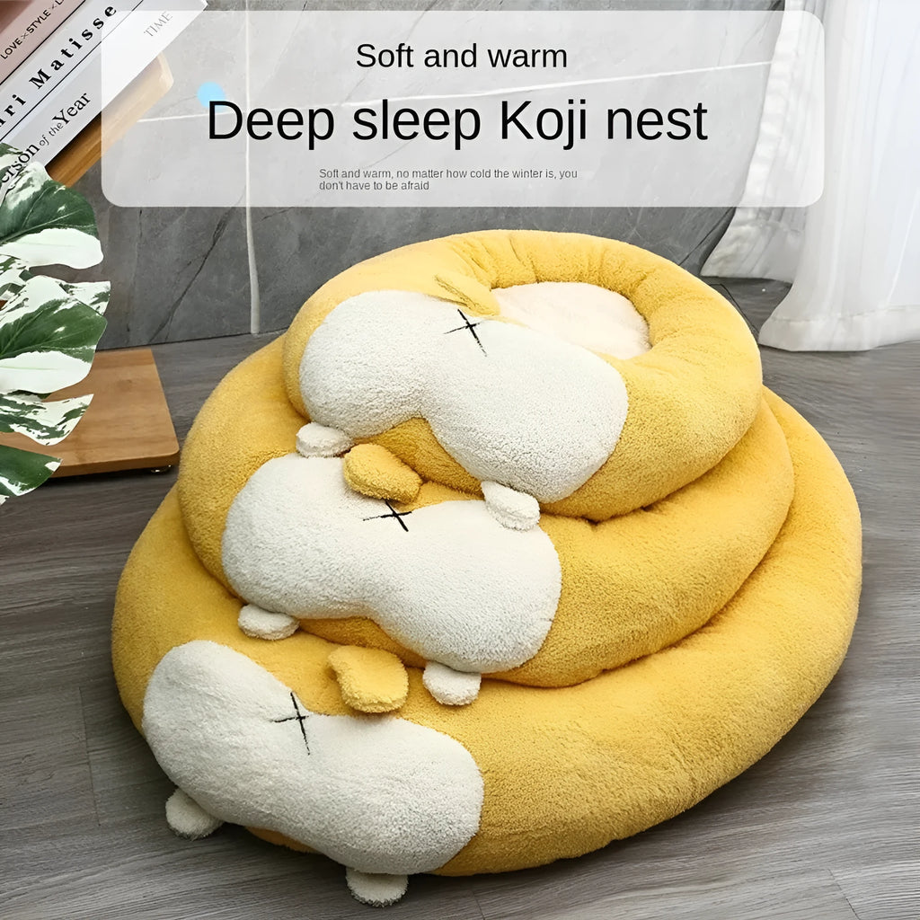 A soft plush corgi-shaped pet bed for dogs or cats, shown in three available sizes.
