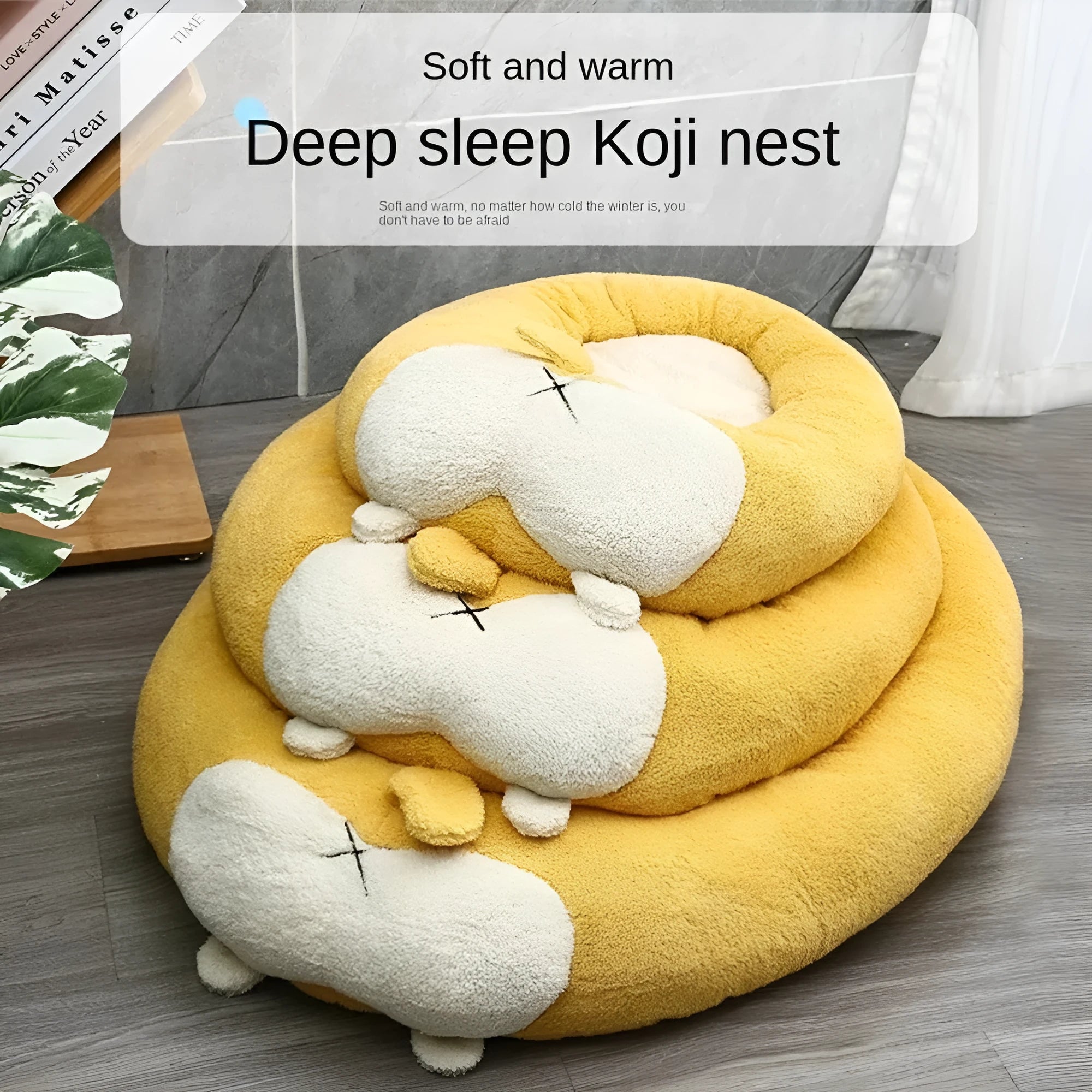 A soft plush corgi-shaped pet bed for dogs or cats, shown in three available sizes.