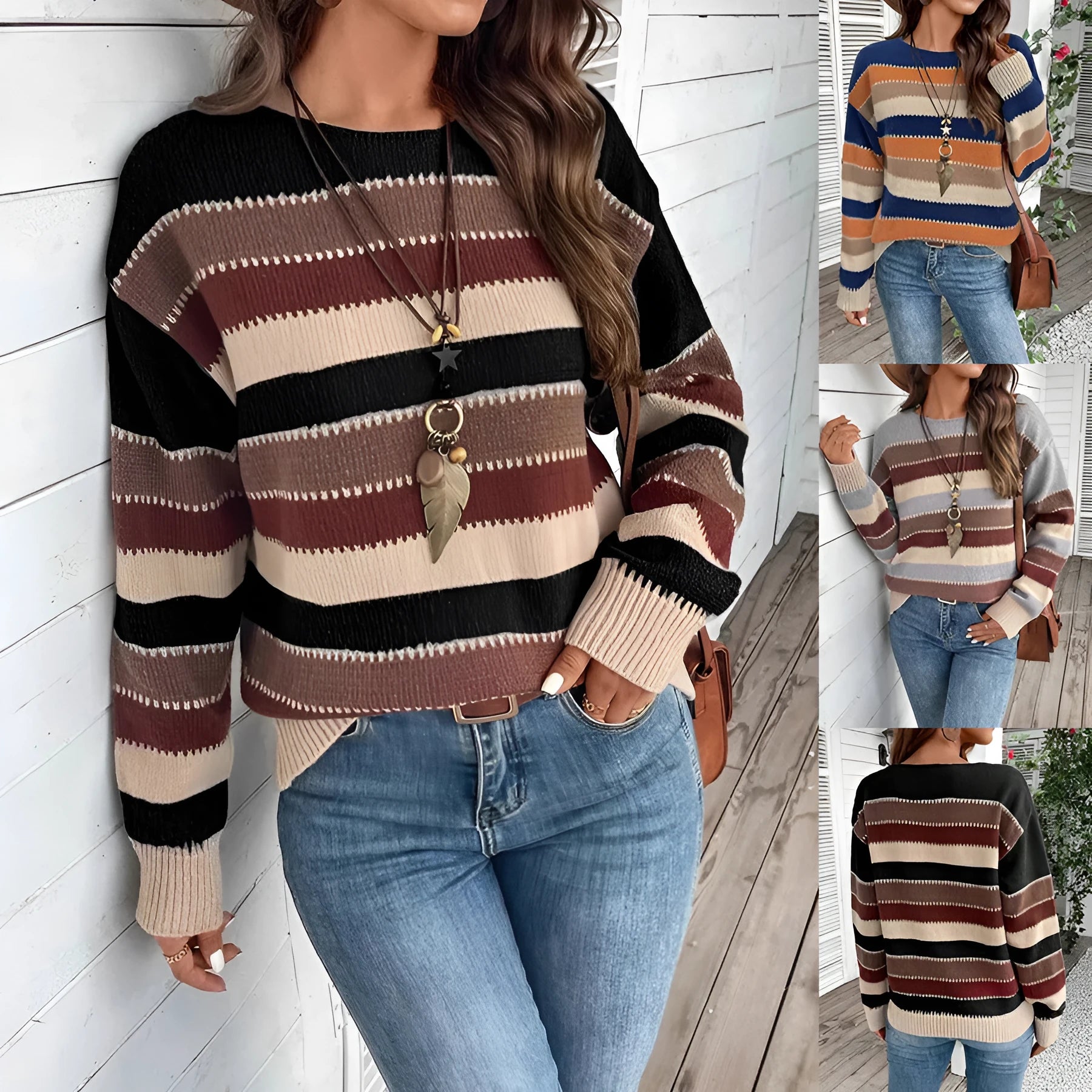 Women's striped colourblock pullover sweater in polyester, shown in a choice of colours.