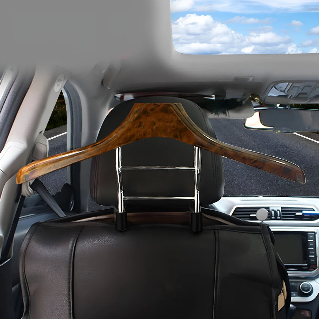 Wood yellow stainless steel and ABS car mounted clothes hanger measuring 46.5 by 23 cm