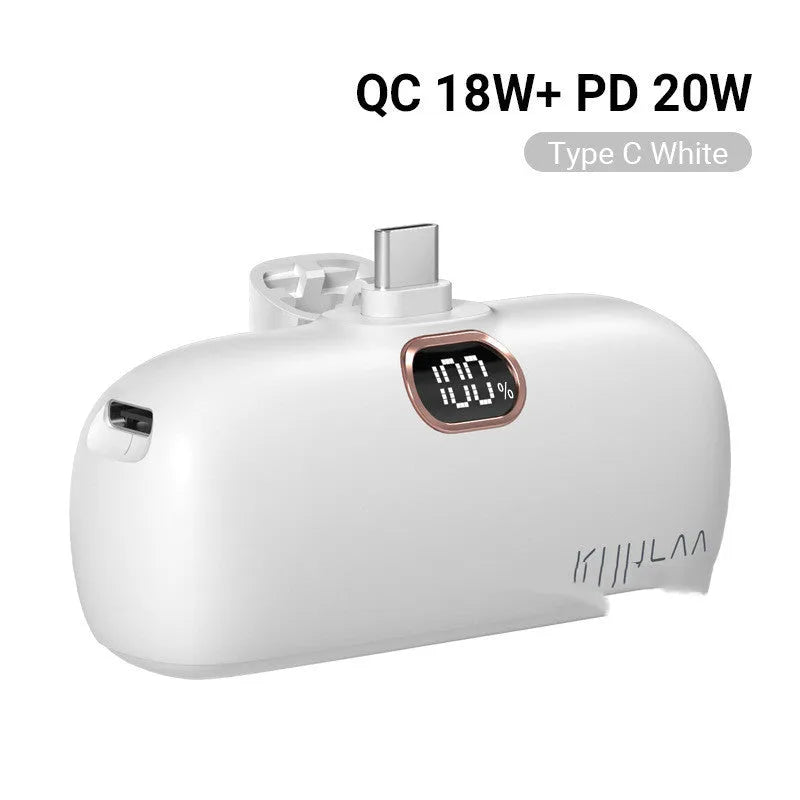 Pocket portable capsule power bank 5000mAh PD18W with LCD display, white, cylindrical alloy shell, built-in Type-C interface