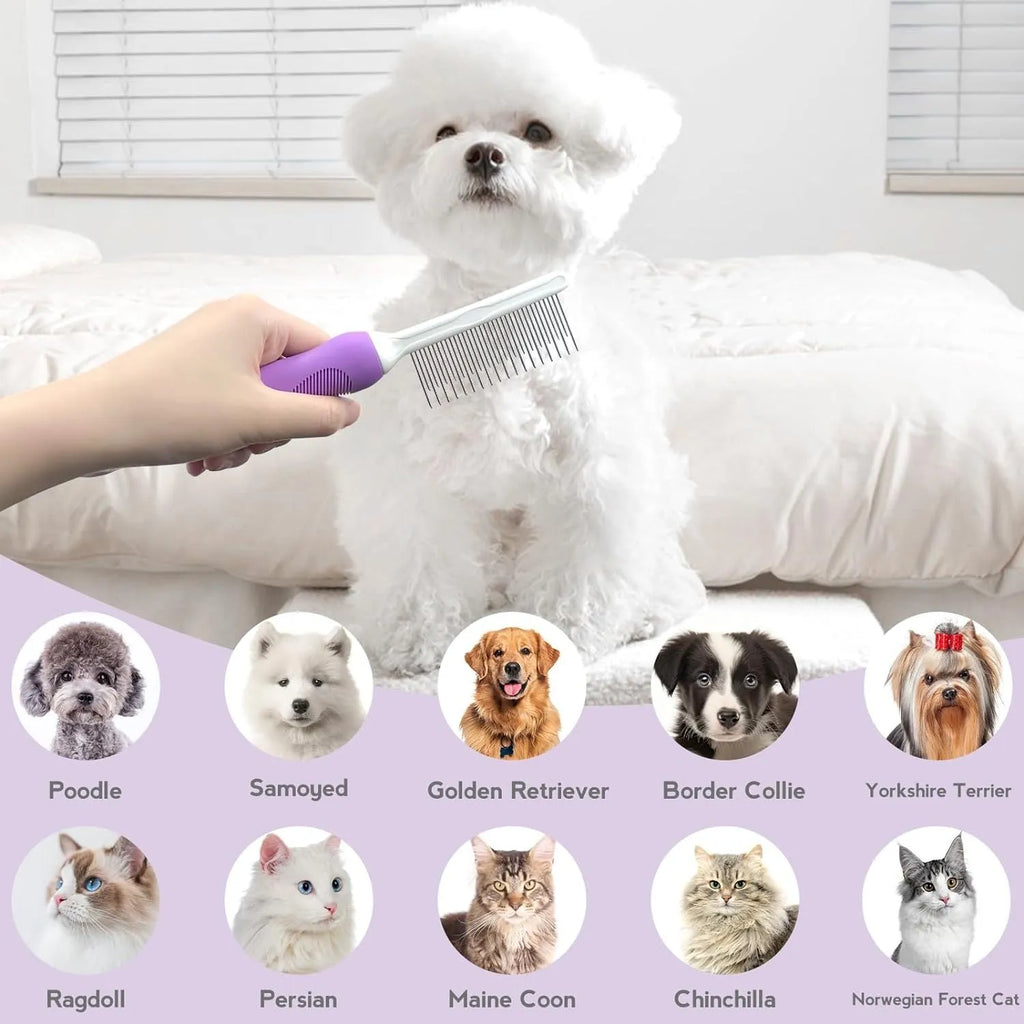 Purple pet grooming comb with stainless steel teeth and ergonomic handle for dog and cat grooming