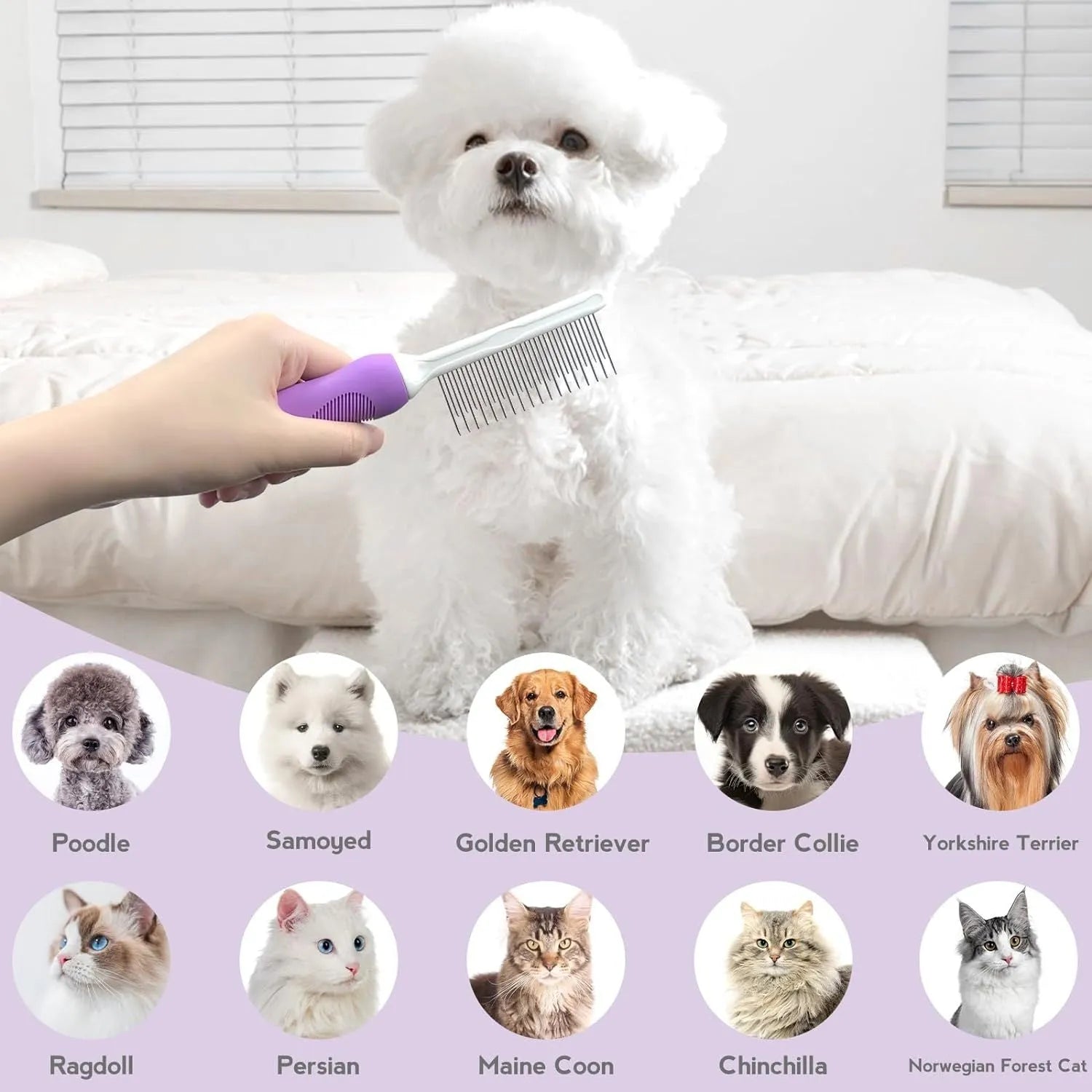 Purple pet grooming comb with stainless steel teeth and ergonomic handle for dog and cat grooming