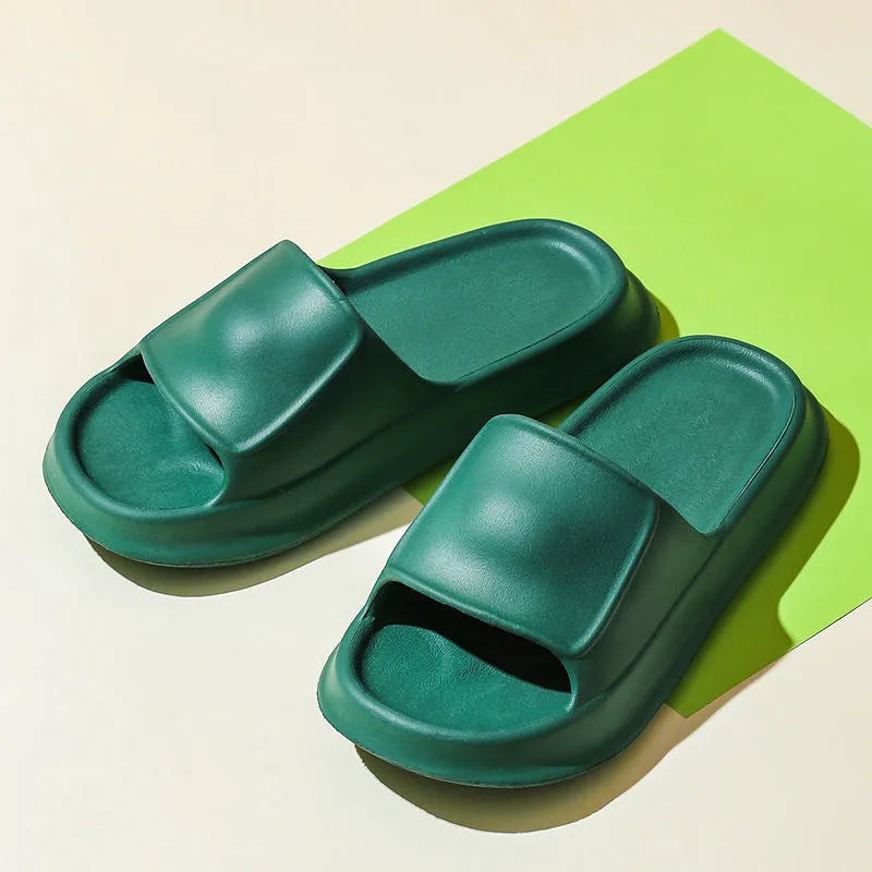 EVA flip-flop slippers with a thick sole in multiple colour options on a white background.