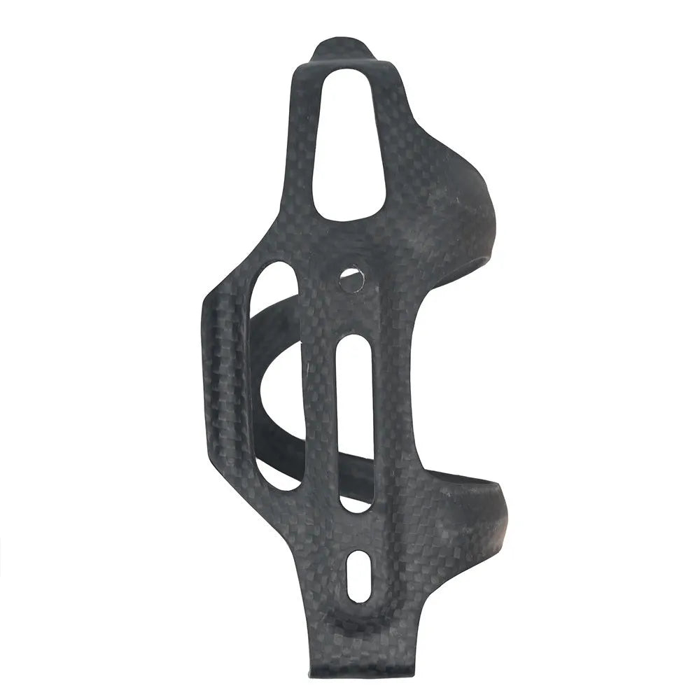 Black carbon fibre bicycle water bottle cage showing mounting holes and bottle retention shape.