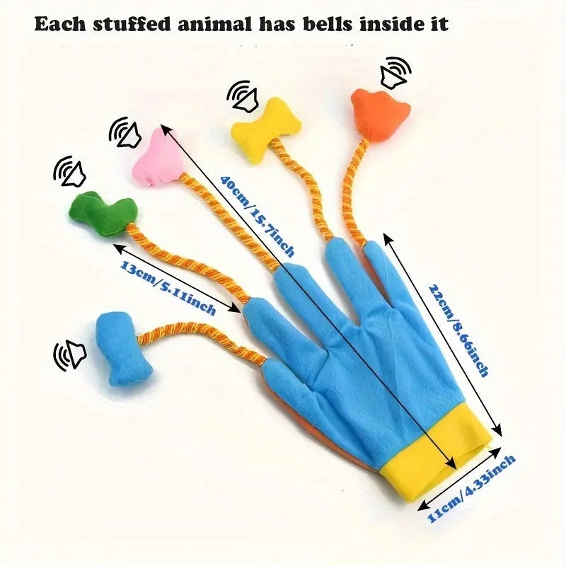 Yellow and blue plush magic glove cat toy with bell, 40cm long pet play trailer