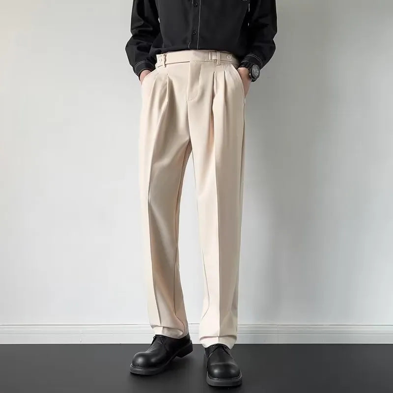 Men's straight loose fit suit pants in apricot and black colours.