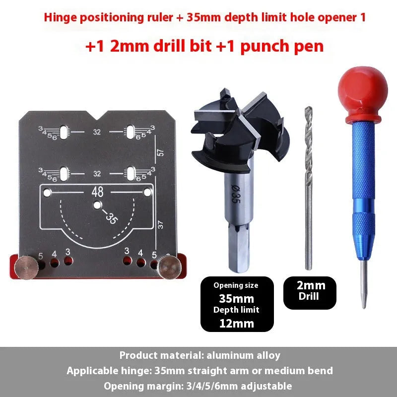 Red aluminium alloy hinge punch locator tool with adjustable margin settings for 35mm cabinet hinges
