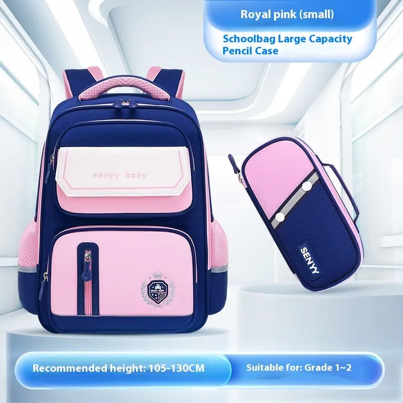 Children's spine protector backpack in blue, made of water-repellent Oxford cloth, size 38x30x15cm