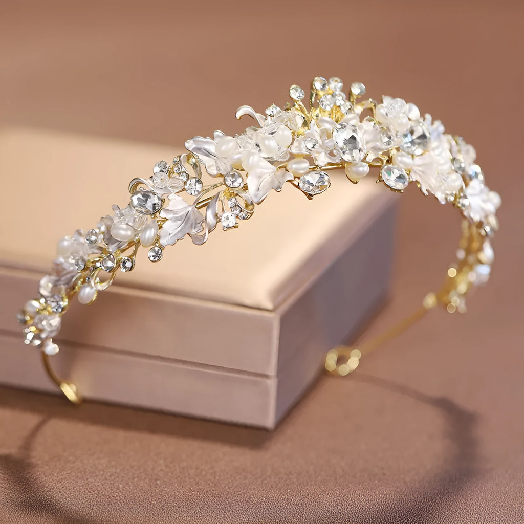 Alloy pearl crown headdress with electroplated gold finish and European styling
