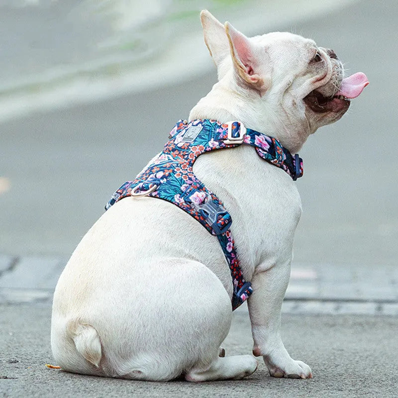 Floral pattern pure cotton pet chest strap harness for dogs and cats in red, blue, or green
