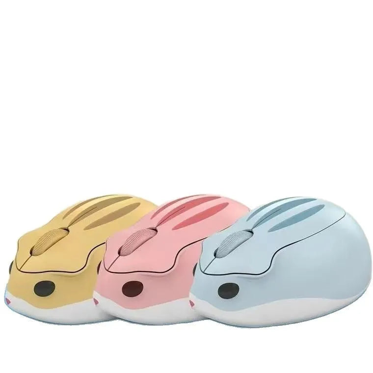 Yellow Bluetooth wireless mouse next to hamster habitat showing compact 105mm size