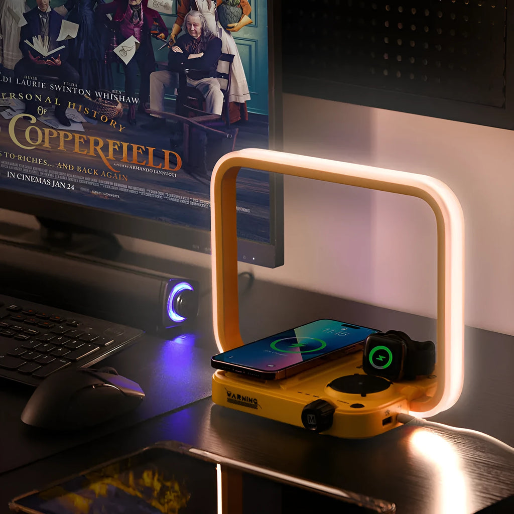 Three-in-one wireless charger with smart night lamp, geometric stereo design, US standard plug
