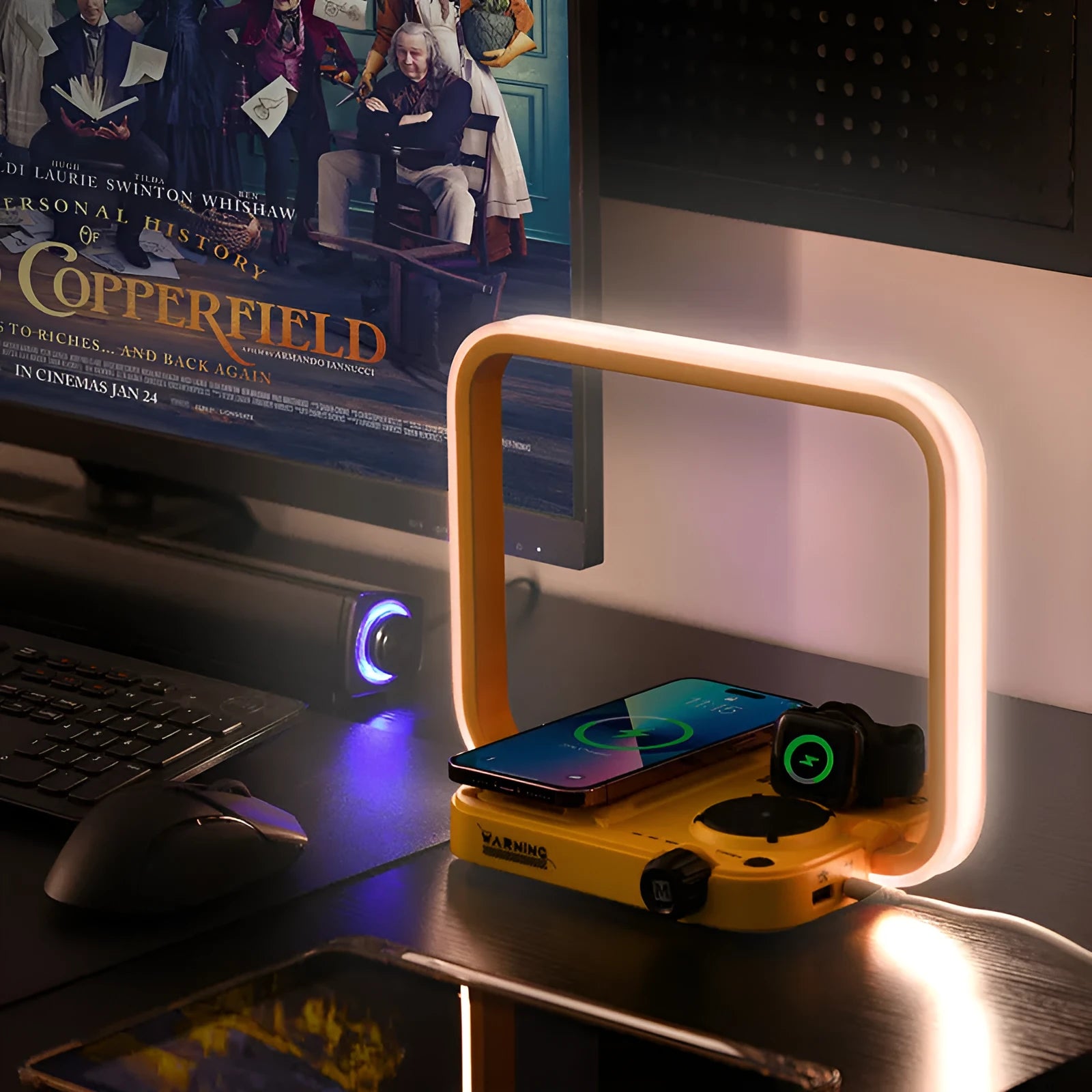 Three-in-one wireless charger with smart night lamp, geometric stereo design, US standard plug