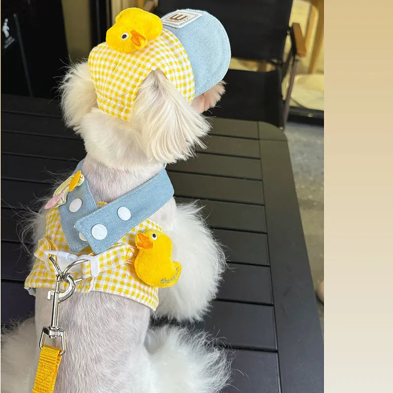 Adjustable pet harness and leash set with cotton cat clothes outfit, cute hat, and wire rope pulling toy