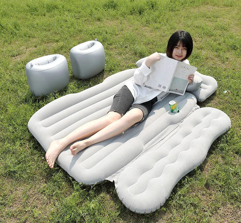 Inflatable car bed with split design, thickened high-density flocking fabric, in black colour