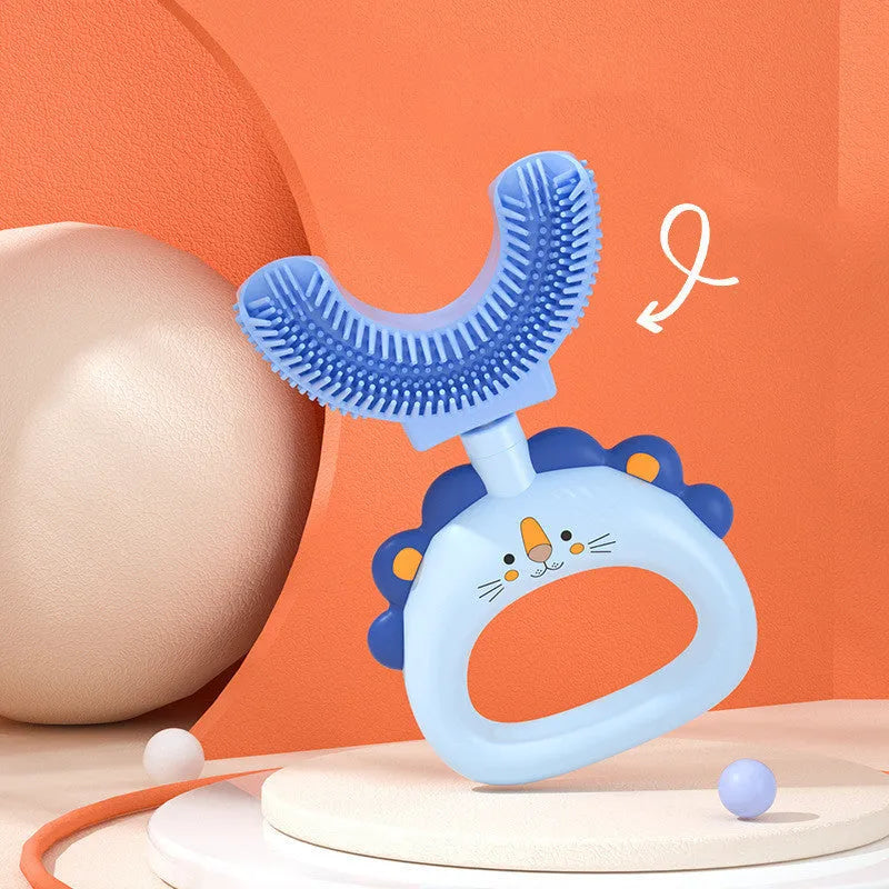 Children's U-shaped silicone toothbrush in blue or pink, little cute lion design, for ages 2-6 and 7-14, food grade silicone