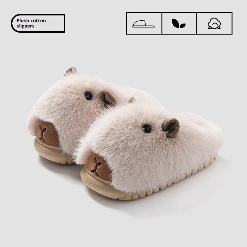Women's cartoon plush slippers in dark brown with shearling lining and anti-slip EVA sole