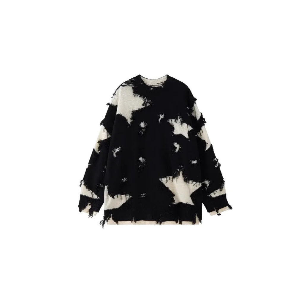 Men's loose hem irregular hole sweater in black, cotton blend, long sleeve pullover for spring autumn daily wear