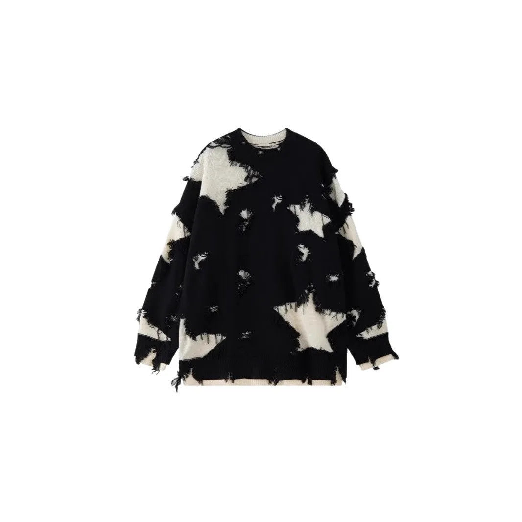 Men's loose hem irregular hole sweater in black, cotton blend, long sleeve pullover for spring autumn daily wear