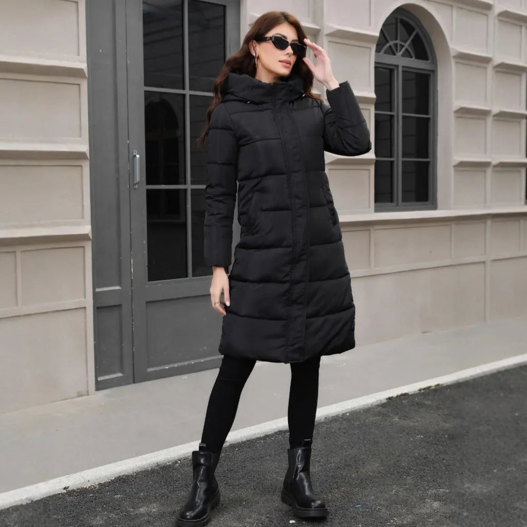 Black hooded slim fit winter jacket with long sleeves and regular fit