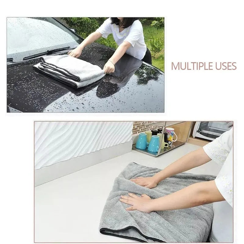 Microfiber car wash towel shown in three size options: 75cm by 35cm, 60cm by 40cm, and 100cm by 40cm.
