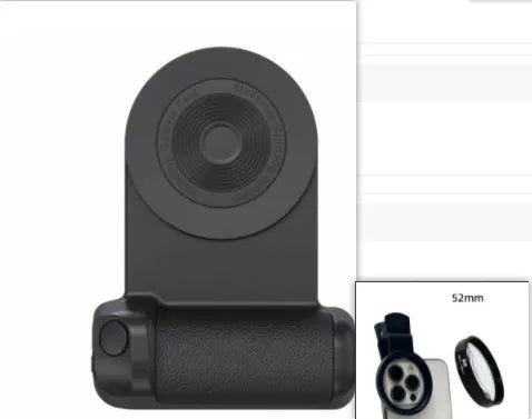 Black magnetic phone camera handle with rotatable design and PU leather grip on wooden table