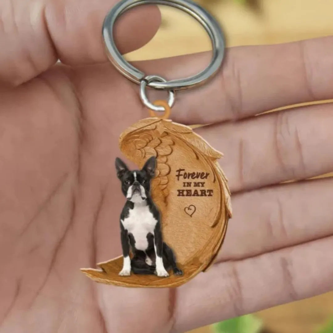 Pet dog angel wings acrylic keychain pendant in cartoon style, colour 80, front view