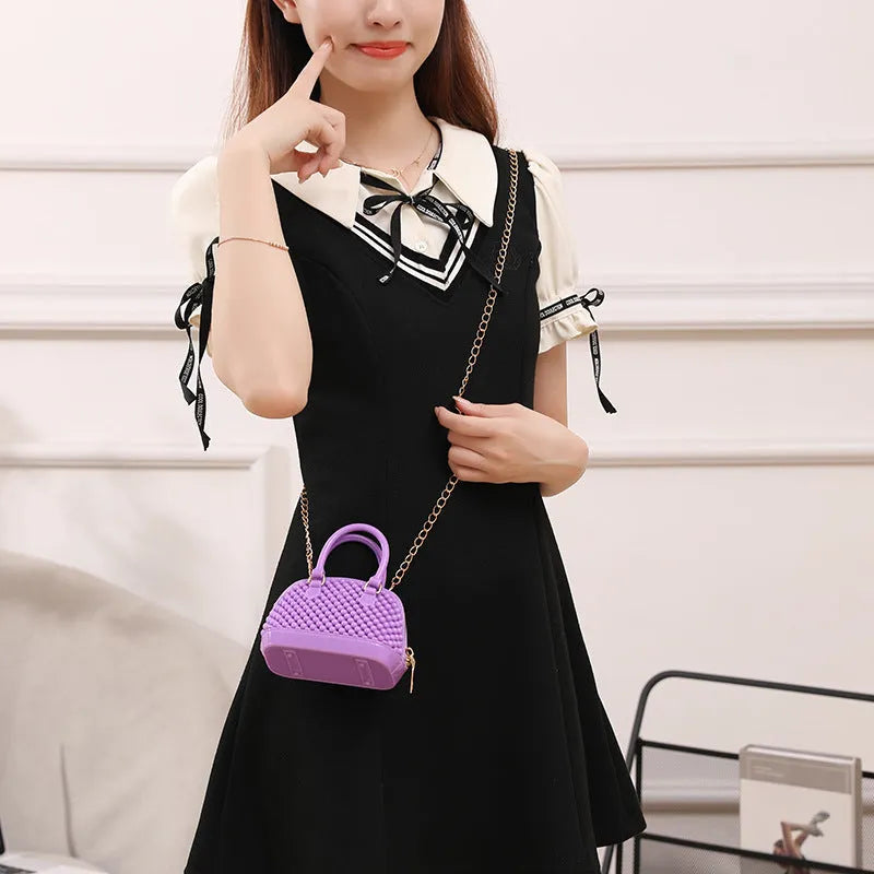 Korean style hollowed-out jelly shell bag in PVC with chain, apricot colour, shell shape, urban design