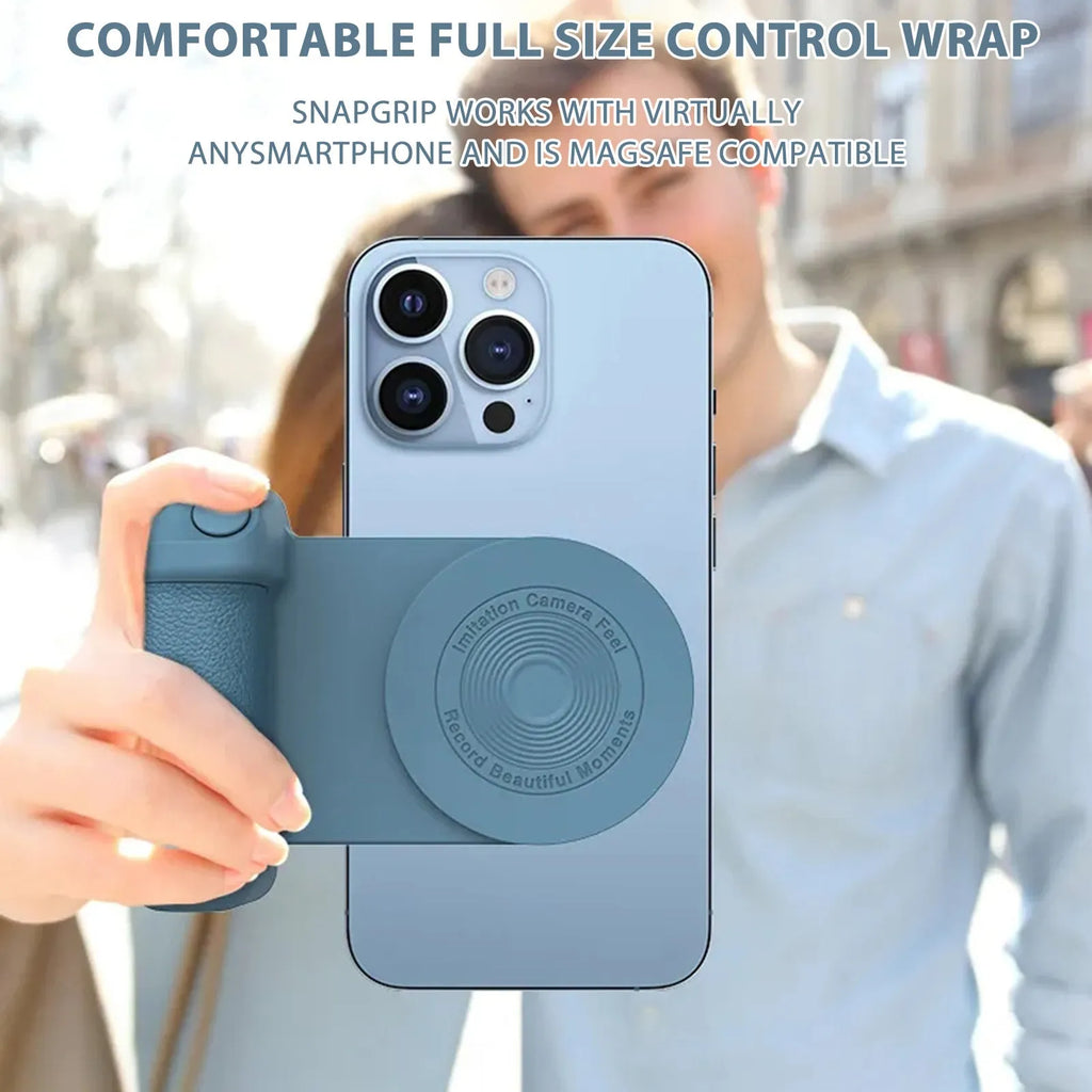 Black magnetic phone camera handle with rotatable design and PU leather grip on wooden table
