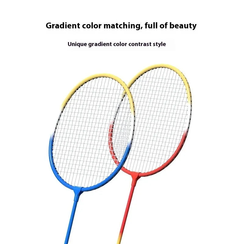 Ultra-light alloy badminton racket set showing blue and red rackets for recreational play