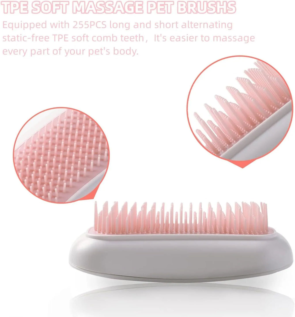 Pink handheld electric pet massage brush with soft TPE teeth on a white background.