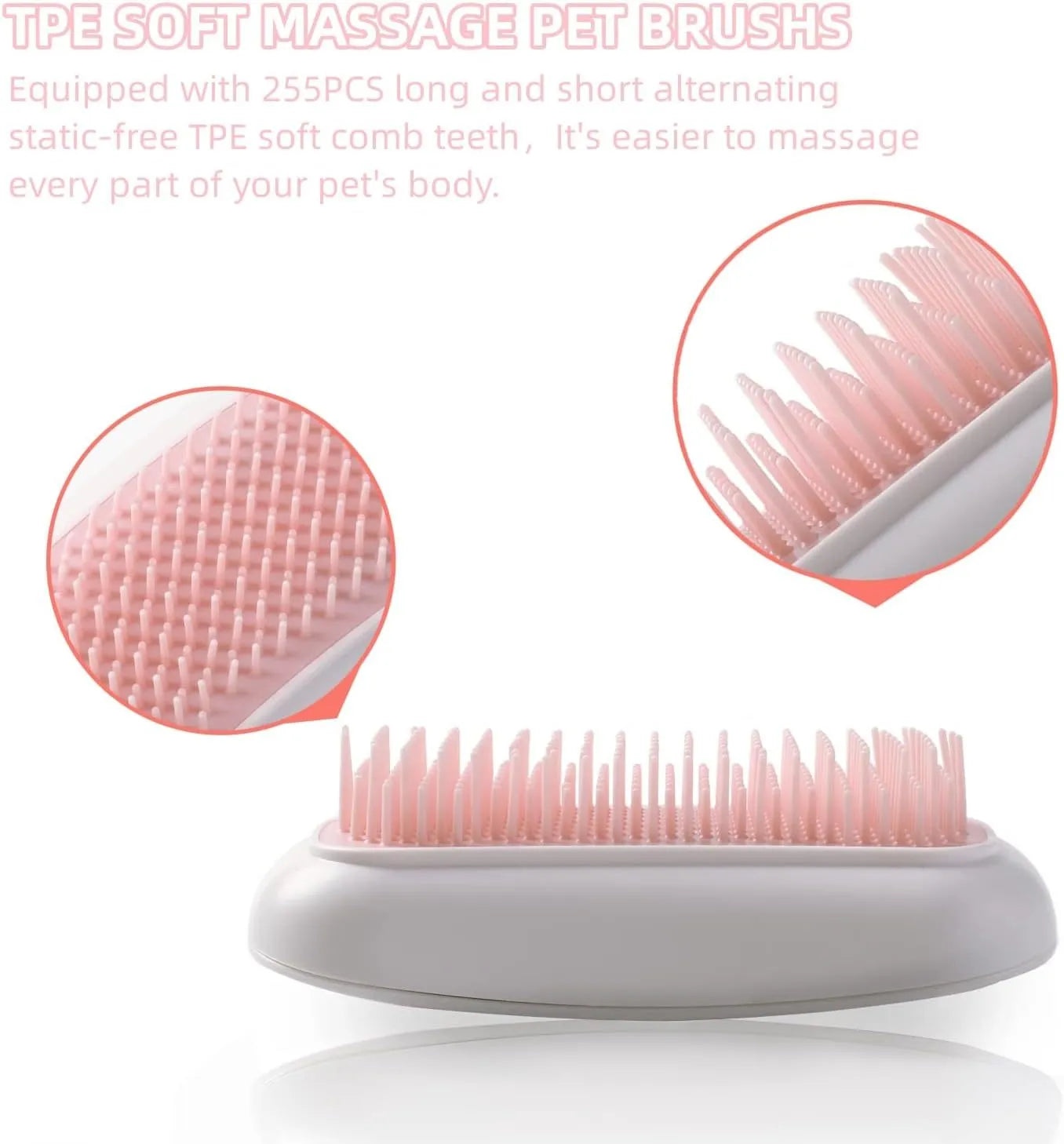 Pink handheld electric pet massage brush with soft TPE teeth on a white background.