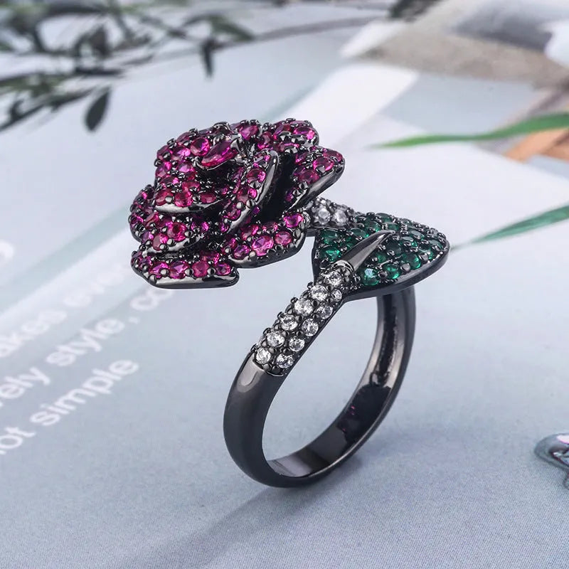 Black gold geometric flower ring with simulation red corundum on copper