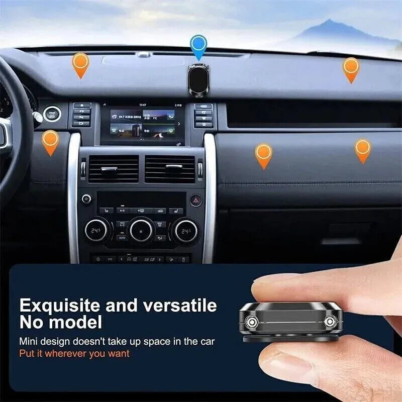 Chrome foldable magnetic car phone holder mounted on a dashboard, showing extended and retracted positions.