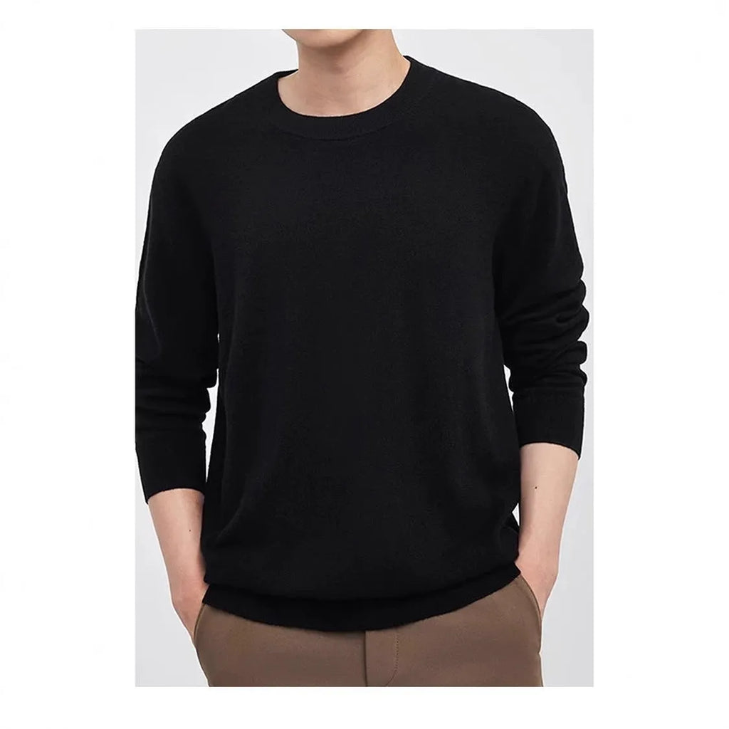 Men's wool pullover sweater in regular fit showing colour options including black, light grey, light camel, and green