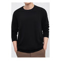 Men's wool pullover sweater in regular fit showing colour options including black, light grey, light camel, and green