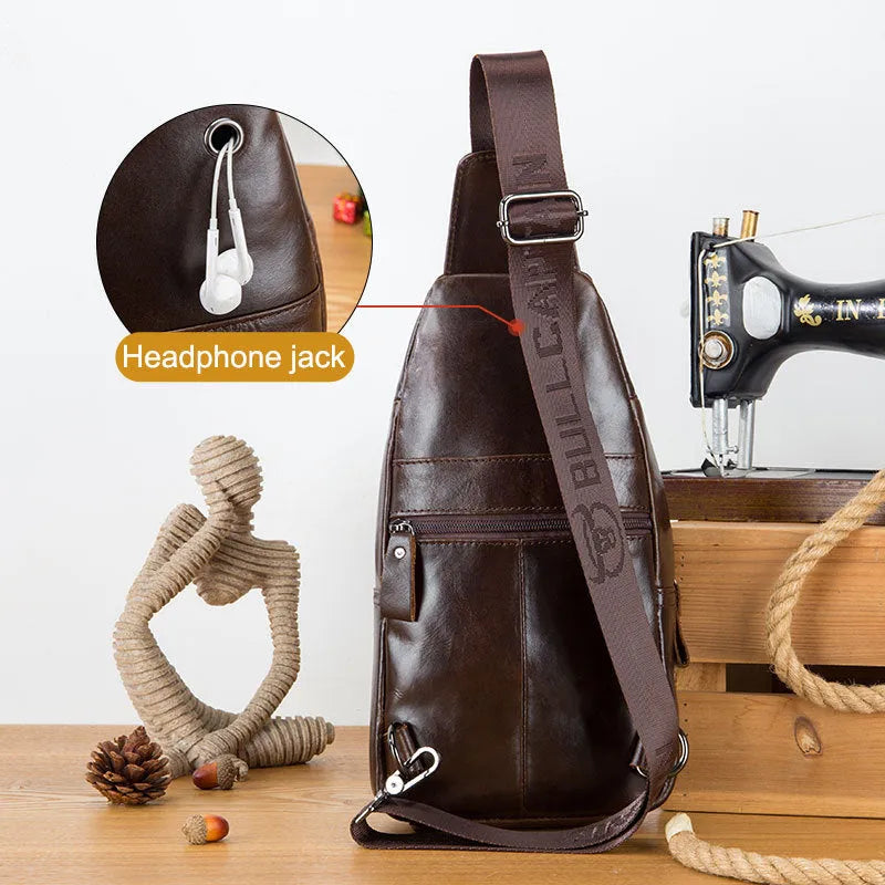 Genuine leather mens medium chest shoulder messenger bag in brown, vertical square shape with magnetic buckle, side view