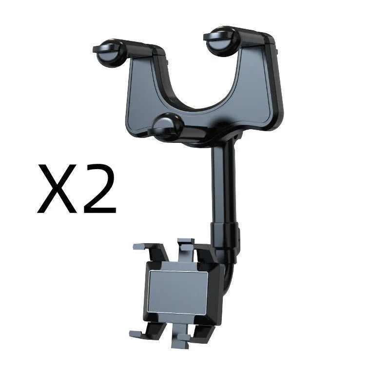 Black rearview mirror car phone holder with retractable arm and 360-degree rotating phone clip.