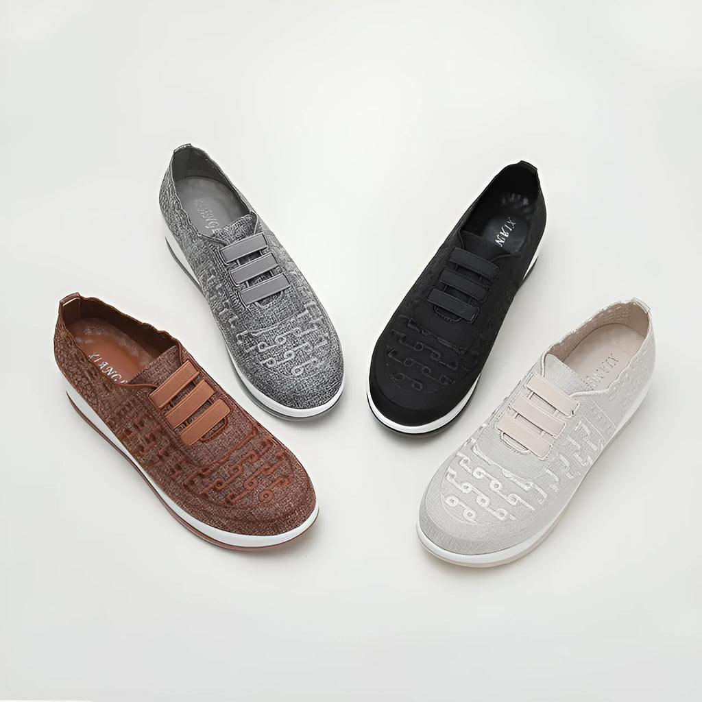 Women's fly woven mesh slip-on wedge shoes in black – breathable lightweight casual footwear with round toe and leather lining