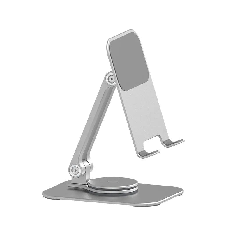 Aluminium alloy rotary desktop mobile phone holder in silver grey with silicone pad, unfolded on desk