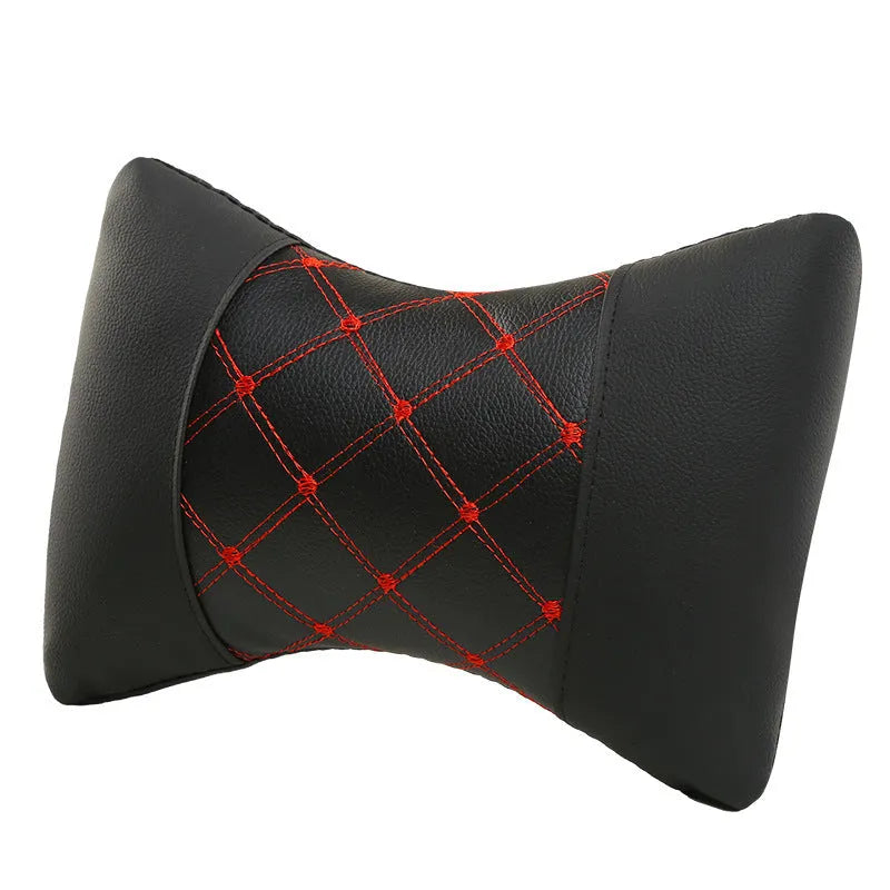 Artificial leather quilted car headrest cushion pair with elastic cotton filling for neck support