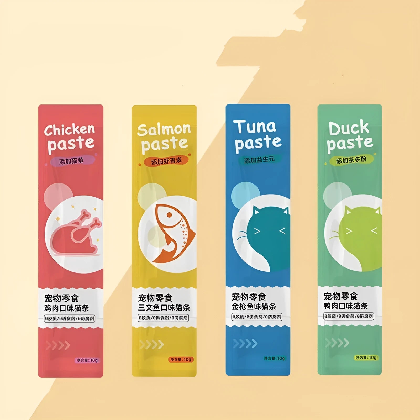 Pack of ten cat strip snacks for kittens in childhood stage with four flavour options