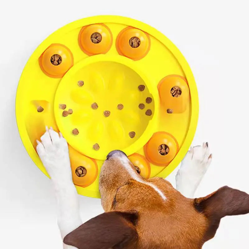 Interactive dog puzzle slow feeder toy with spinning turntable and non-slip base in lake blue colour