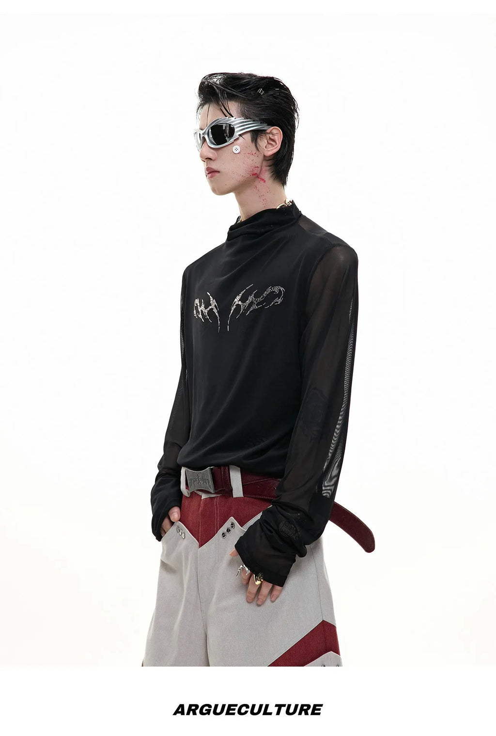 Niche mesh slim fit long sleeve shirt for women in black, showing trendy subdivision style.