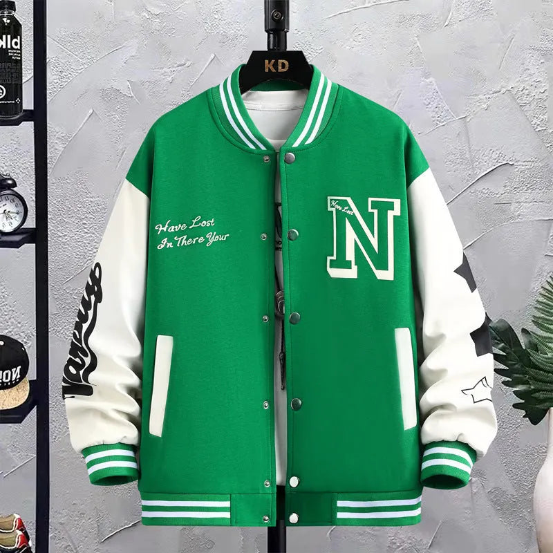 Men's letter print colour block jacket loose fit round neck button front casual coat black