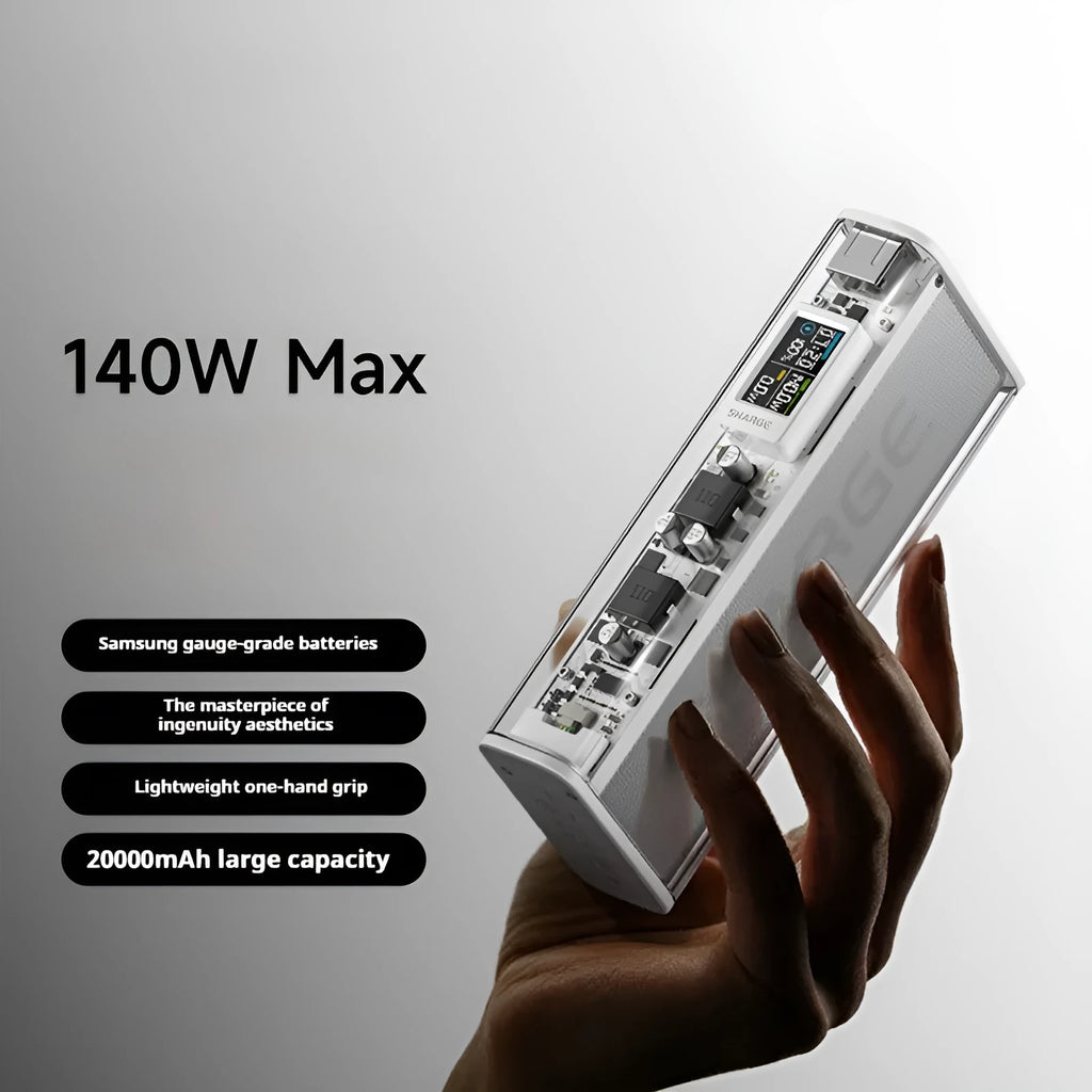 Transparent plastic power bank with 20000mAh capacity, fast charging, industrial style, black and white colour options