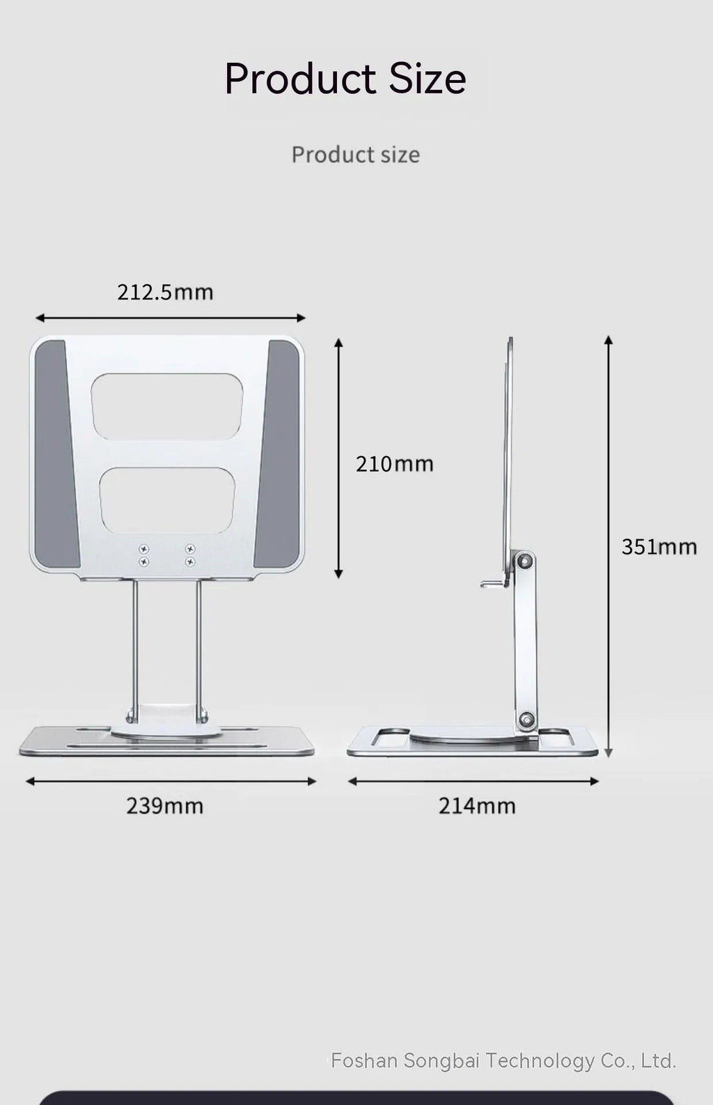 Folding aluminium alloy laptop and tablet stand in silver on a desk, showing unfolded position